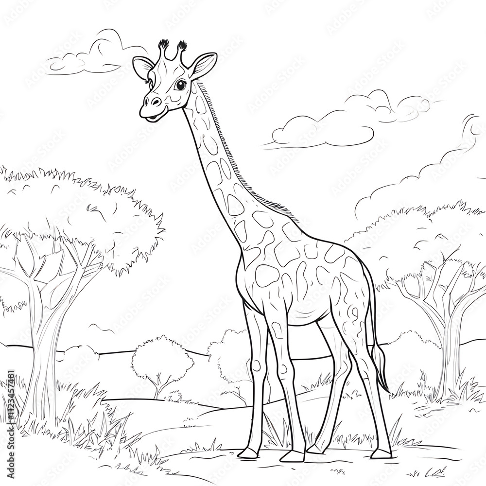 Fototapeta premium Giraffe in African savanna line art