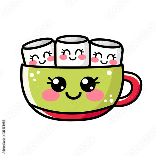 Cute vector green kawaii coffee cup, mug with marshmallow in flat style isolated on white background. Kawaii christmas mug illustration for baby, kids