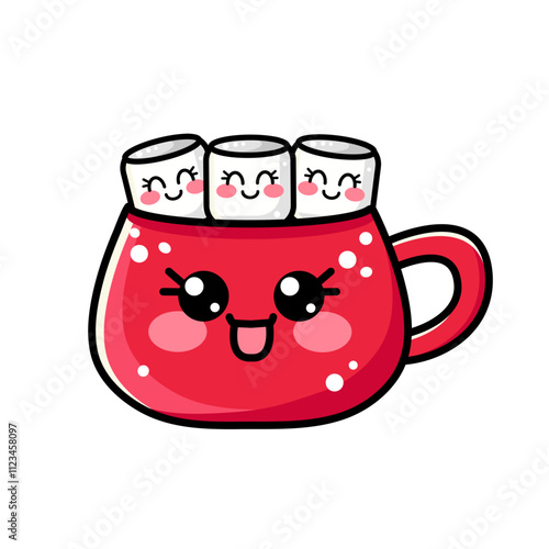 Cute vector red outline icon of coffee cup, mug with marshmallow in kawaii style with emotions isolated on white background