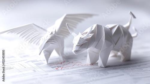 Paper origami stock market bull and bear standing on a white background made of newspaper with financial charts printed all over it. Generative AI photo