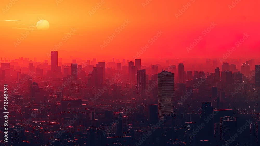 Obraz premium Red Cityscape Sunset Silhouette Skyline
