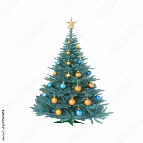 abstract 3d decorated green christmas tree with golden baubles for new year with gift box isolated on white background