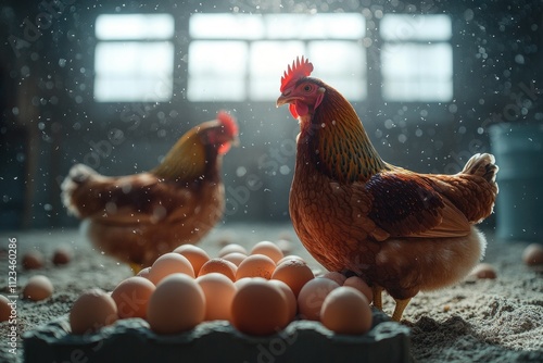 Farmers collecting eggs or feeding chickens in a spacious, clean, and well-lit barn as part of the production chain photo