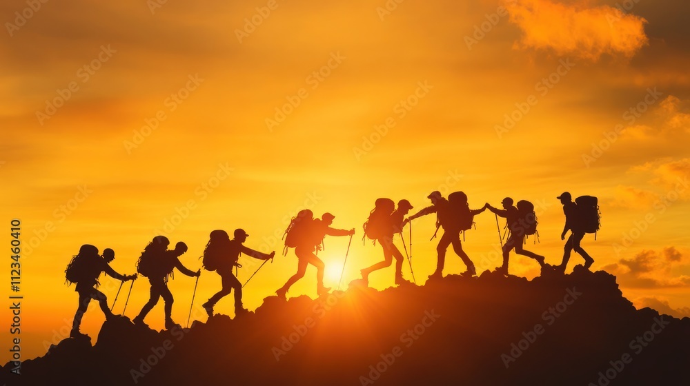 Fototapeta premium Silhouetted Hikers Helping Each Other Summit Together