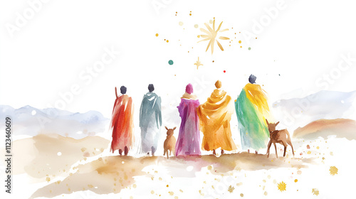 Three Wise Men worshiped baby Jesus and gave him gifts of gold, frankincense, and myrrh, Matthew 2. Digital painting. cover poster copy space cute soft watercolor painting on white backgorund photo