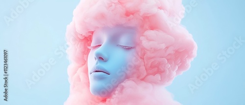 A surreal representation of tranquility with a blue face surrounded by soft pink clouds against a soothing background.