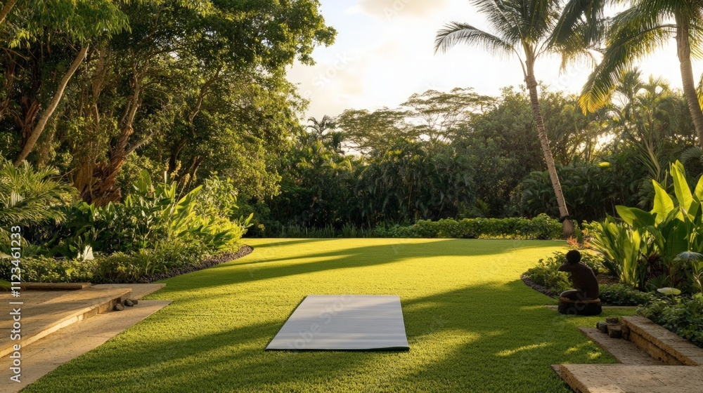 Obraz premium Tranquil Meditation Haven, a peaceful outdoor retreat with a yoga mat on lush green grass, embraced by vibrant trees and tropical plants, fostering mindfulness and serenity.