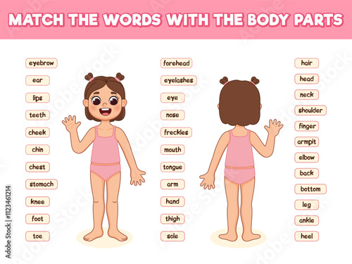 Match the words with the body parts. Anatomy poster with body parts name of the girl. Cute cartoon illustration. Children's game.