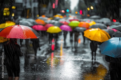 Wallpaper Mural Colorful umbrellas create a vibrant spectacle during a rainy day in a busy city street filled with people Torontodigital.ca