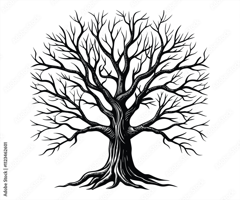 Obraz premium A black and white silhouette of a large tree. Old Tree silhouette vector