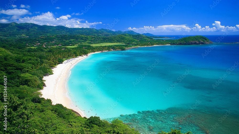 Fototapeta premium Aerial Serenity Over Turquoise Coastline, showcasing stunning beaches and vibrant waters, embodying the essence of leisure and tropical paradise.