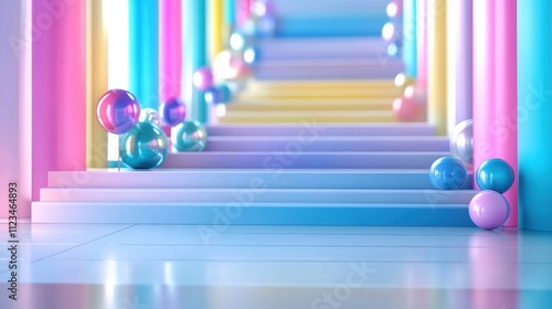 Colorful abstract staircase with vibrant pillars and decorative spheres adding a playful touch to the modern design.