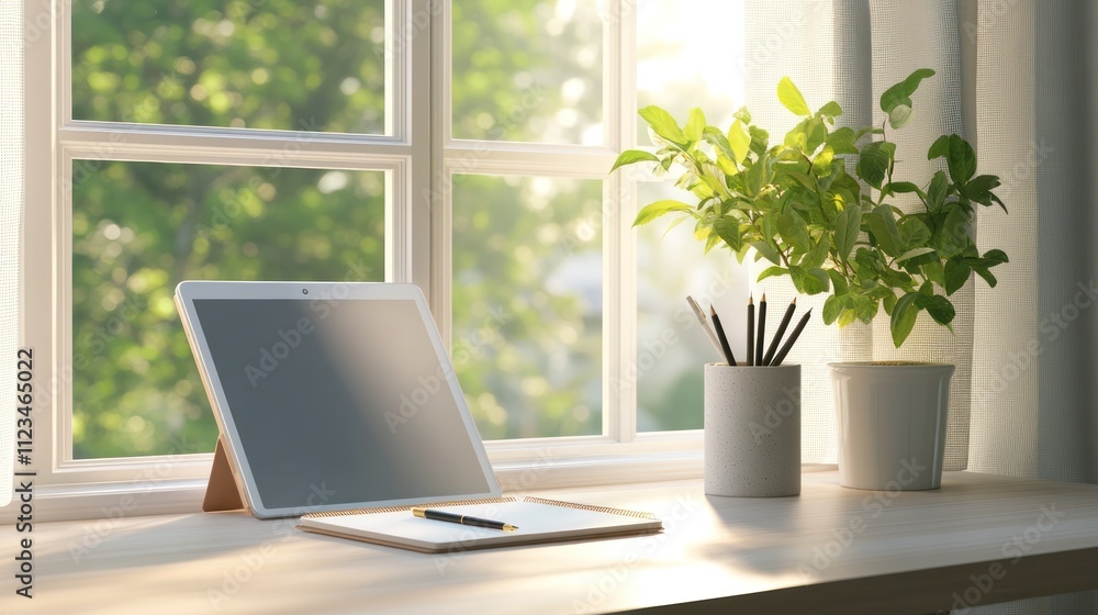 Fototapeta premium Sunlit Workspace Tablet Notebook Pen Plants Window