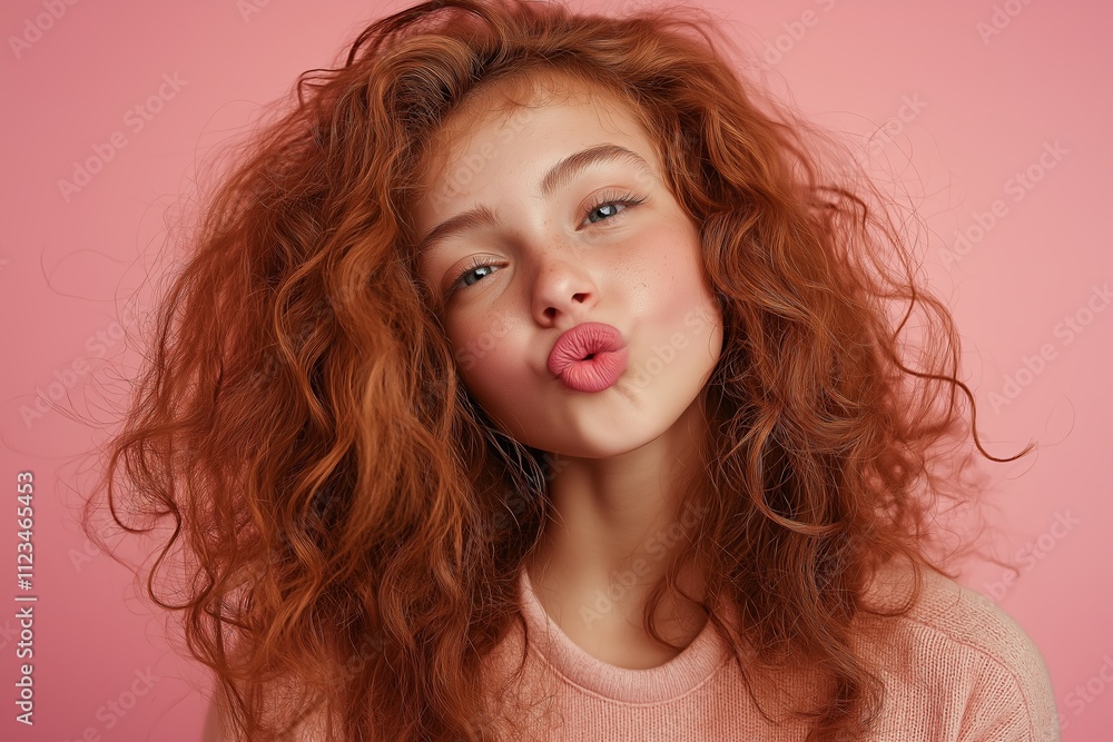Young woman with curly hair makes playful kiss expression against pink background Young woman with curly hair makes playful kiss expression against pink background