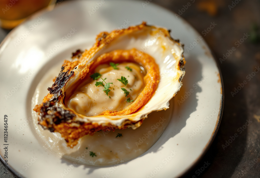 A photo of a fried oyster shell with sauce on a plate A photo of a fried oyster shell with sauce on a plate