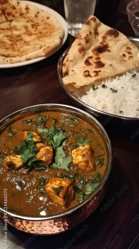 Indian feast with chicken curry and naan Indian feast with chicken curry and naan