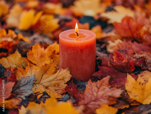 Autumn Candle Burning Among Colorful Fallen Leaves