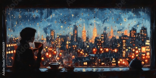 A late-night cityscape viewed through a rain-speckled window, with a solitary figure sipping tea and gazing out at the glowing lights