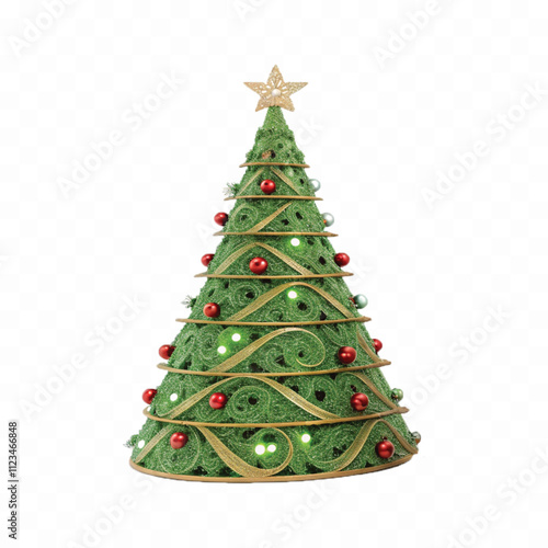 abstract 3d decorated green christmas tree with golden baubles for new year with gift box isolated on white background