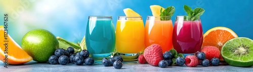 Colorful variety of fresh fruit juices in glasses on a bright background.