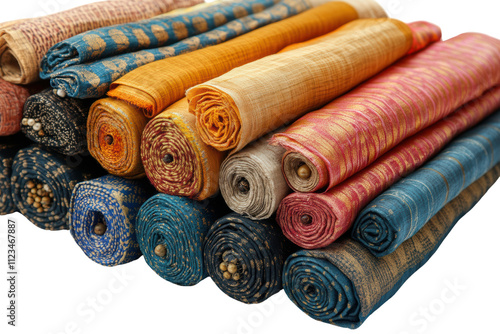 Colorful rolled fabrics stacked together, displaying intricate patterns and textures, perfect for design and textile use. photo