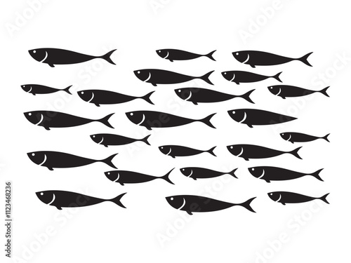 School of fish swimming silhouette vector art black color design and solid white background 