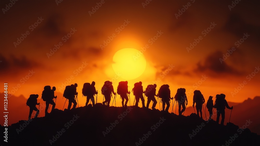 Fototapeta premium Mountain Top Sunset View: Diverse Group of Hikers Silhouettes Enjoying Scenic Beauty
