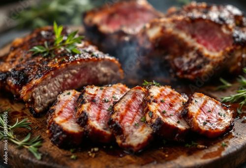 BBQ-smoked lamb ribs, mutton spareribs, and sliced meat with herbs