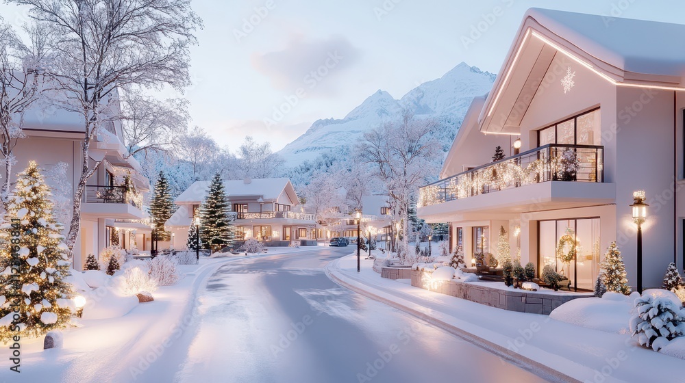 Fototapeta premium Cozy Christmas town blanketed in snow with glowing lights and decorated trees on a peaceful winter evening