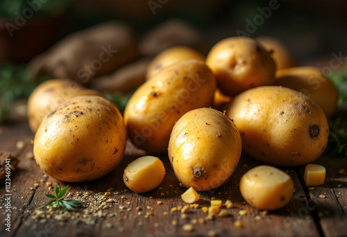 Russet potatoes on a wooden surface