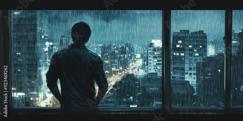 A man standing at the window of a high-rise apartment, gazing out at a rainy cityscape, his posture heavy with the weight of mental fatigue