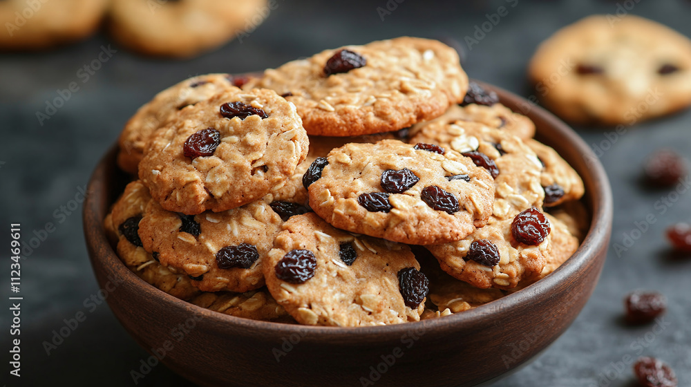 Raisins in dried fruit oatmeal, healthy breakfast with delicious cereal, muesli for sweet morning start, homemade cookie like food snack with natural grains. Raisins in dried fruit oatmeal, healthy breakfast with delicious cereal, muesli for sweet morning start, homemade cookie like food snack with natural grains.