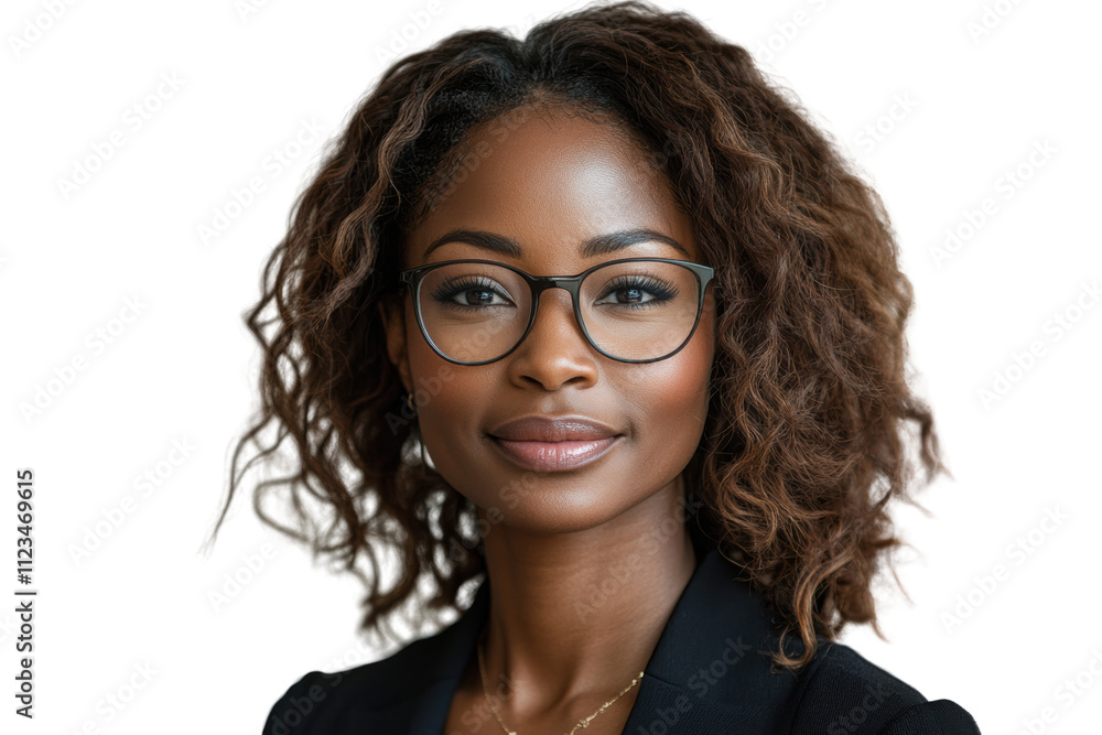 Obraz premium Confident professional woman with curly hair and glasses, smiling softly. Ideal for business, empowerment, and diversity themes.