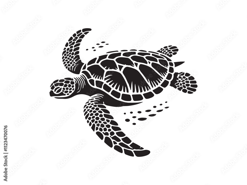 Fototapeta premium Sea turtle swimming silhouette vector art black color design and solid white background 