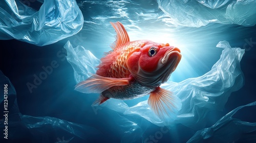 Goldfish swimming amidst plastic waste, highlighting environmental pollution. photo