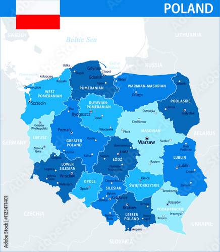 Poland Map Vector Blue Spot - Customizable layered political map of Poland with administrative divisions for website, education, reports, news, politics, print, poster and wallpaper