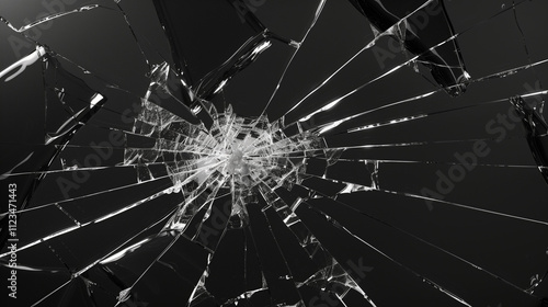 Shattered glass effect with sharp, irregular cracks radiating from a central impact point on a black background, creating a dramatic and abstract visual photo