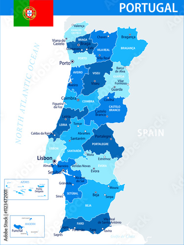 Portugal Map Vector Blue Spot - Customizable layered political map of Portugal with administrative divisions for website, education, reports, news, politics, print, poster and wallpaper