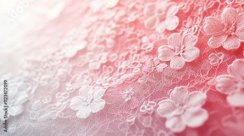 Floral lace material with pink gradient, delicate and elegant textile design