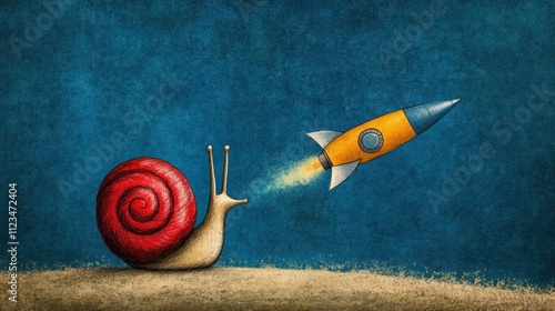 Whimsical Snail Rocketing to the Sky: Juxtaposing Slow and Fast Movement in a Surreal Playful Image photo