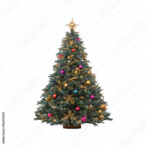 abstract 3d decorated green christmas tree with golden baubles for new year with gift box isolated on white background