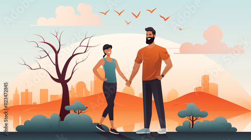 Sporty elderly couple in the park on the sports ground. Beautiful woman and man doing sports exercises. Healthy lifestyle concept