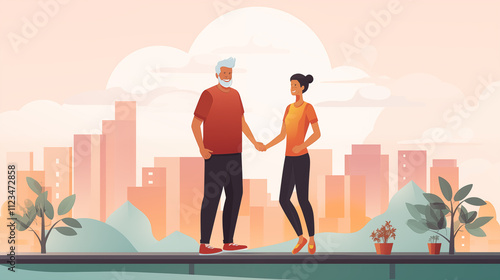 Sporty elderly couple in the park on the sports ground. Beautiful woman and man doing sports exercises. Healthy lifestyle concept