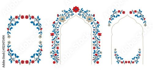 Mughal decorative arch ornamental floral. Vintage intricate traditional mughal style with flowers and foliage.