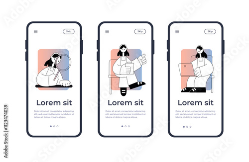 Minimalist Onboarding Screens for Mobile App mockup with Modern Illustrations (MJ048)