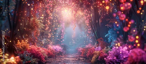 Enchanted fairy tale forest with glowing lights fireflies and vibrant flowers lining a serene and mystical pathway  A dreamlike surreal photo