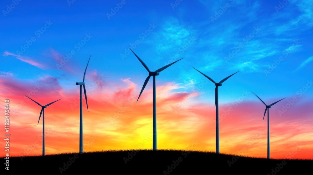 Obraz premium Renewable Energy at Sunset: Wind Turbines Spinning on Hilltop with Vibrant Sky and Scenic Landscape