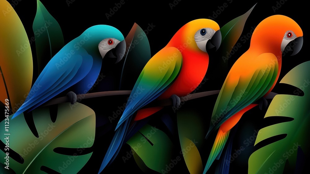 Obraz premium Three colorful parrots perched on a branch, surrounded by lush green leaves, on a dark background.