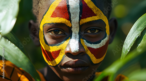 A vibrant African initiation ceremony featuring symbolic face painting and traditional songs in a sacred clearing.