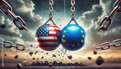 U.S. and E.U. Flagged Wrecking Balls Colliding photo